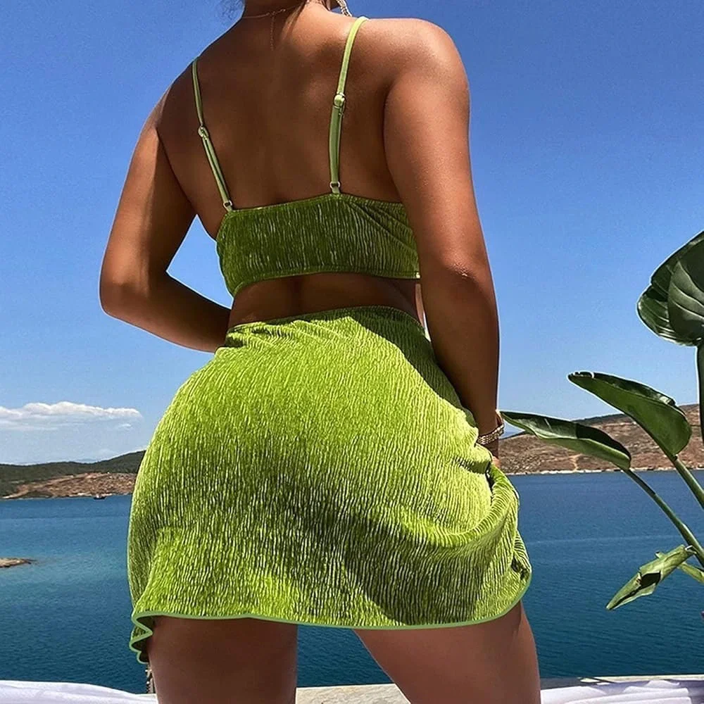 Micas Bikini Set Bikini‎ Swimsuit 2 Piece Green Wrinkled Cloth Medium